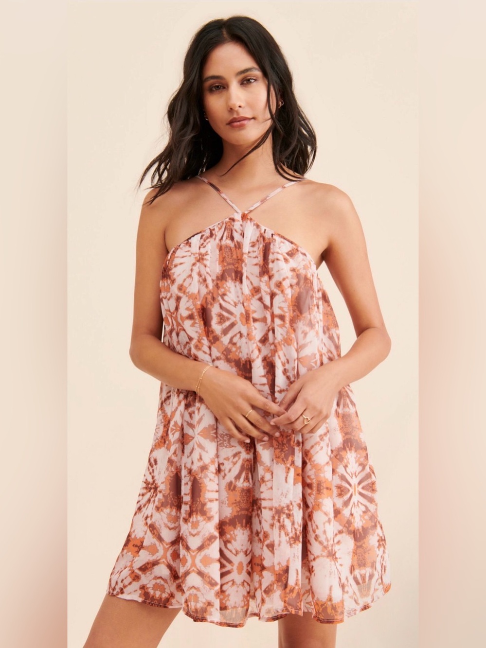 Letmebe Anthropologie Halter Printed Mini Dress Orange Pink Size M Boho